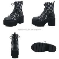 Dropshipping Logo lona negra tacón grueso gótico talla grande con cordones cremallera lateral para mujer, botines - details 8