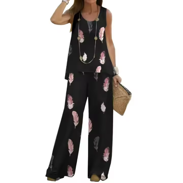 Conjunto de 2 piezas, top y pantalón estampado para mujer, chaleco elegante, conjunto de pantalón de verano, chaleco, - 1