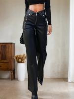 Fashion high-waisted individualistic pants in INS style, PU leather pants with metal zippers and straight legs for nightclubs. - details 2