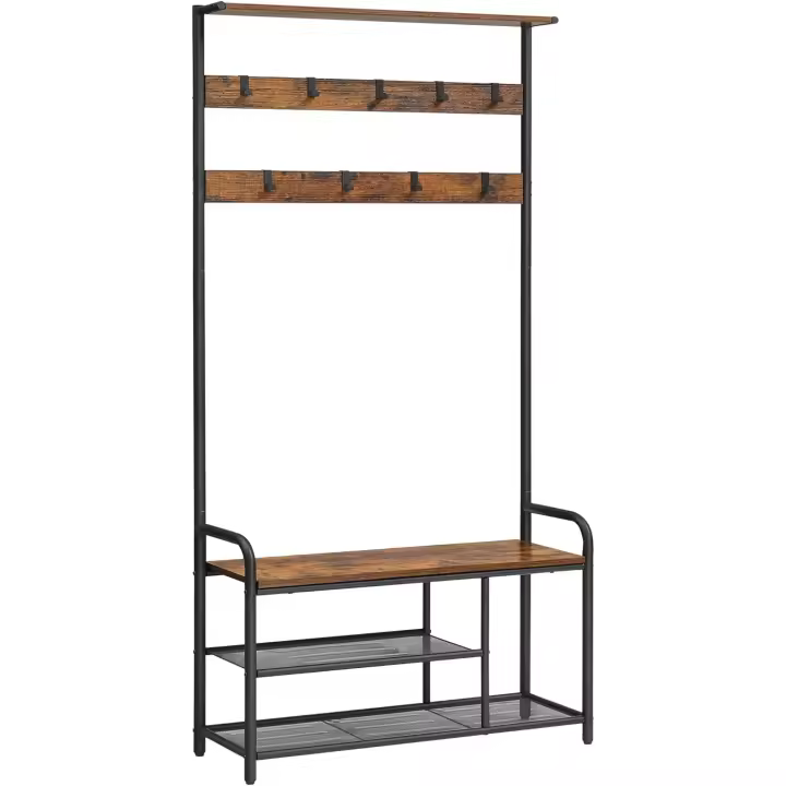 Perchero con Zapatero, Mueble Recibidor con 9 Ganchos Extraíbles, Banco, Estante, 30 x 85 x 180,5 cm, Pasillo Dormitorio Apartamento, Industrial, Marrón Rústico y Negro HSR409B01 - 1