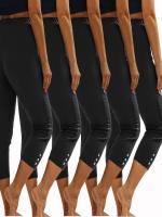 5pcs Leggings Capri de Talla Grande para Mujer - Alta Elasticidad, Color Sólido con Detalle de Botón, Perfectos para Yoga y Correr - details 0