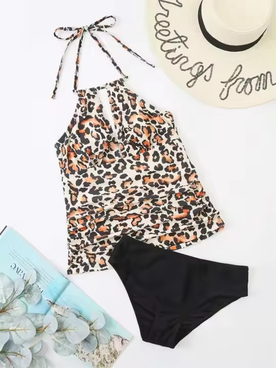Tankini bikini sin espalda con cuello en V para mujer, traje de baño sexy con cordones y tirantes, innovador - 1