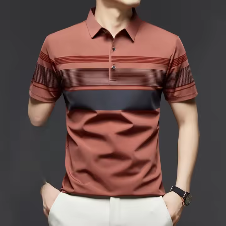 Base de seda helada de manga corta de verano, traje para papá de mediana edad y ancianos, top con cuello, camiseta polo para hombre - 1
