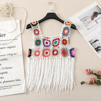 Top corto de punto con borlas para mujer, chaleco de ganchillo, camisola colorida, cubierta de Bikini, camisa - details 5