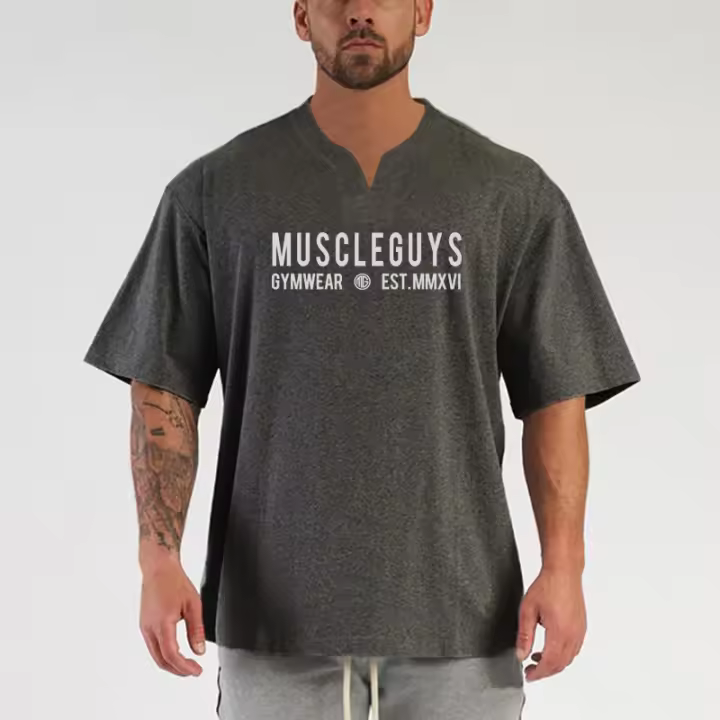 Summer Oversized Men's Fashion Confortable V-neck Cotton Plus Size Workout Fitness Bodybuilding Tshirt M-2XL - 1