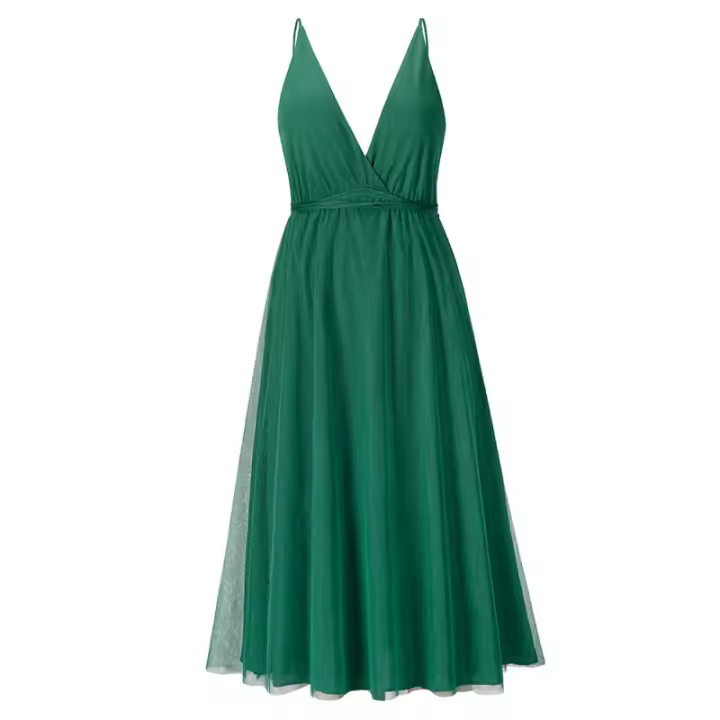 Vestido de tul sexy profundo de verano para mujer, vestido midi con tirantes finos y cuello sin espalda. - 1