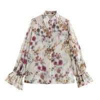 TRAFZA mujer 2025 primavera elegante blusa con estampado de flores solapa decorativa metálica manga larga puño con volantes camisas de moda - details 1