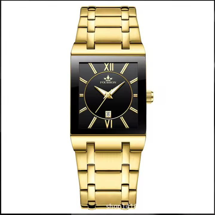 Galvanoplastia calendario empresarial cuarzo impermeable pequeña pepita de oro cuadrado hombre acero correa reloj - 1
