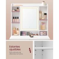 Tocador con Luces LED de Brillo Ajustable, Mesa de Maquillaje con Espejo, Compartimentos Abiertos, Estantes Ajustables, Estación de Maquillaje, Moderno, Blanco Nube - details 5