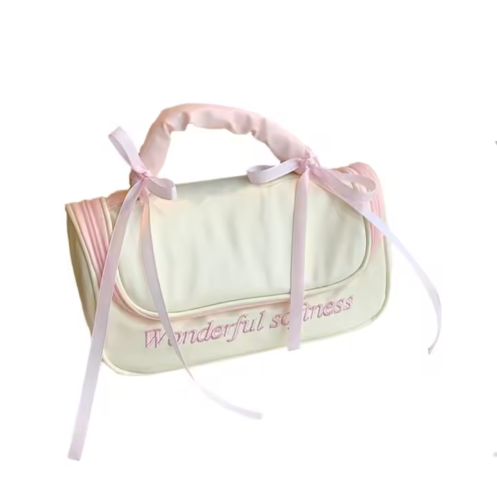Bolsa de maquillaje de cuero PU para mujer, estilo Ballet, impermeable, de gran capacidad, neceser, bolso de mano con lazo, bolsa de cosméticos para niñas - 1