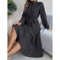 Elegante vestido corto de otoño invierno para mujer, con cuello alto, mangas plisadas y falda larga. - details 35