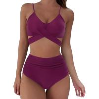 Traje de baño dividido de cintura alta para mujer, bikini multicolor con estampado de cuello halter cruzado - details 13