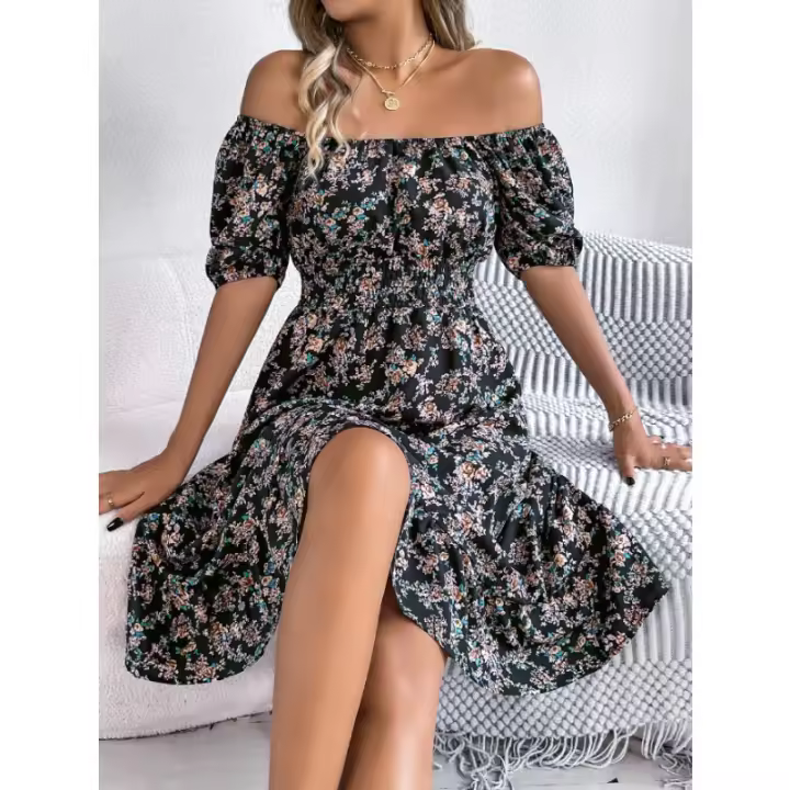 Falda acampanada con volantes ceñidos en la cintura y manga corta con cuello cuadrado floral de primavera y verano - 1