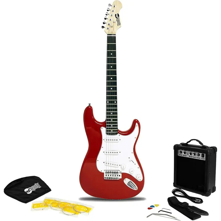 Kit de guitarra eléctrica de tamaño completo con amplificador de 10 vatios, clases, correa, bolsa de transporte, púas, golpe, plomo y cuerdas de repuesto, color rojo - 1