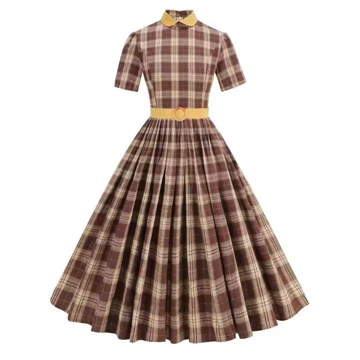 2025 nuevas mujeres Vintage a cuadros Retro Rockabilly cola fiesta de té 1950s 60s Swing vestido Otoño Invierno vestidos de manga corta - 1