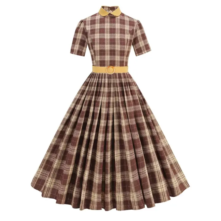 2025 nuevas mujeres Vintage a cuadros Retro Rockabilly cola fiesta de té 1950s 60s Swing vestido Otoño Invierno vestidos de manga corta - 1