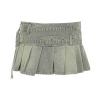 BUNO-Minifalda vaquera vintage de cintura baja, falda plisada con cinturón grande y hebilla cuadrada a la moda de verano 2025 - details 7