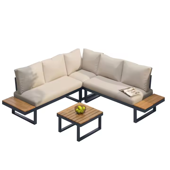 Conjunto de ocio para jardín, posición esquinera con función de reclinación en ángulo ajustable (5 niveles ajustables, hasta 55 ° ), acero tubular galvanizado, tablero de plástico con veta de teca, con mesa de centro, beige + gris - 1