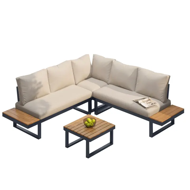 Conjunto de ocio para jardín, posición esquinera con función de reclinación en ángulo ajustable (5 niveles ajustables, hasta 55 ° ), acero tubular galvanizado, tablero de plástico con veta de teca, con mesa de centro, beige + gris - 1