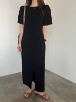 Nuevo vestido Vintage de verano para mujer, tejido de seda helada, moda coreana, cuello redondo, manga corta, informal, suelto, Vestidos largos con abertura - details 3