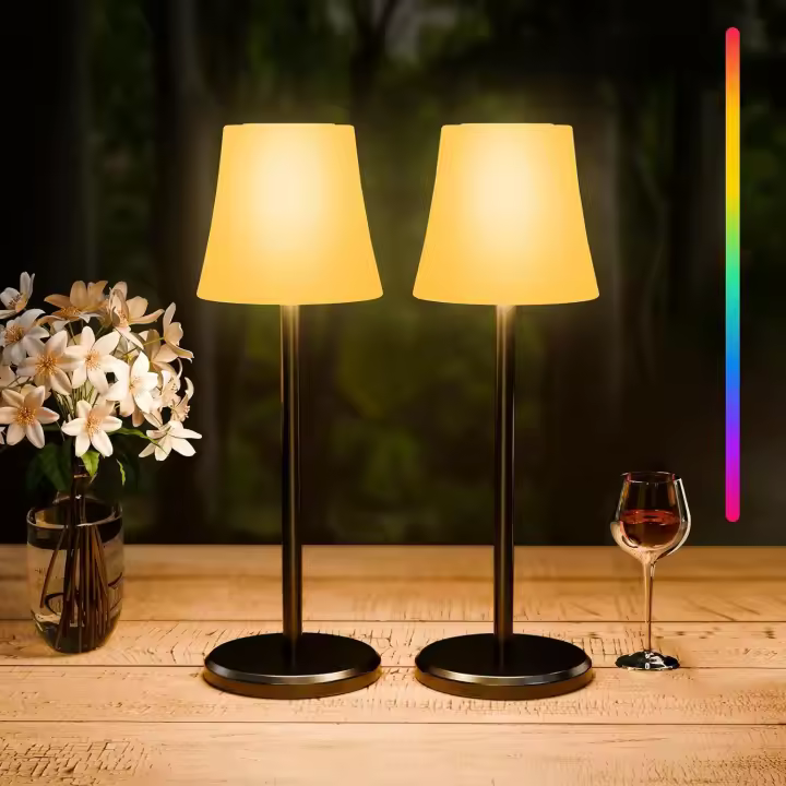 2 Piezas Lámpara de Mesa Inalámbrica con 3 Temperaturas de Color+RGB, Lámpara de Noche Recargable Brillo Ajustable, Lámpara de Escritorio IP54 Impermeable para Restaurante, Dormitorio, Camping - 1