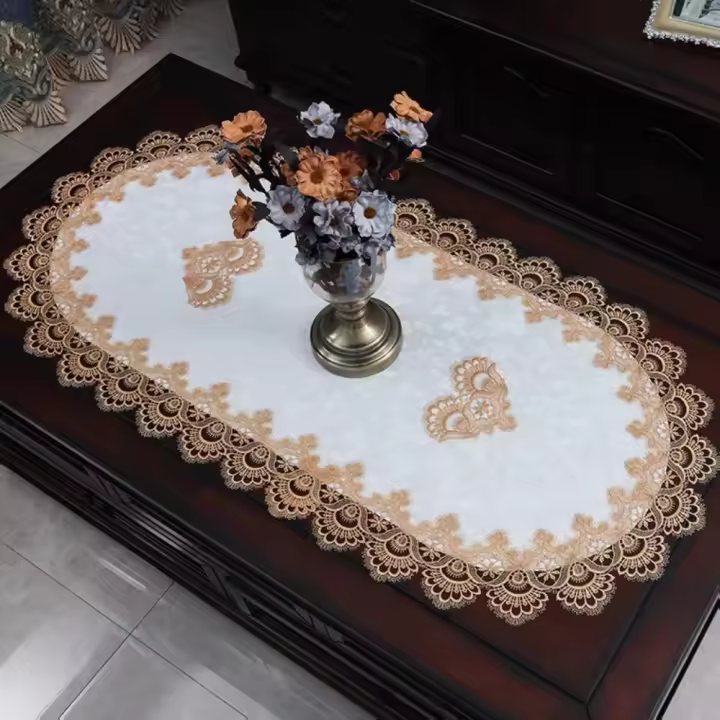 Mantel de encaje ovalado con bordado de flores duradero, cubierta para mesa de té Vintage de Dacron, mantel individual para mesa de centro a prueba de aceite exquisito para boda - 1
