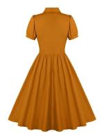 2025 nuevo Retro Turn Down Collar abotonada plisado sólido vestido de camisa de algodón de manga corta mujeres lisos Vintage vestidos hasta la rodilla - details 2