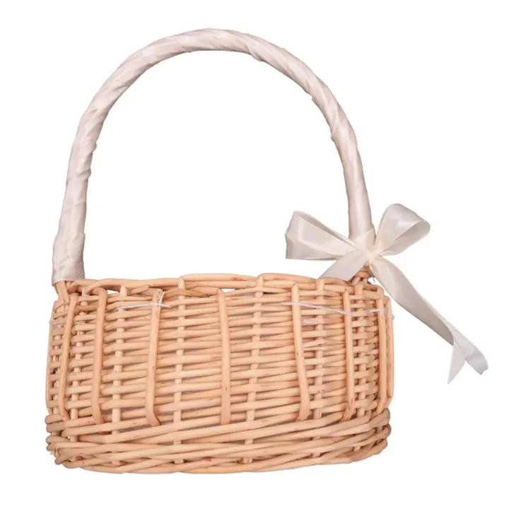 Cesta de flores tejida de mimbre, con asa y cinta blanca, cestas de niña de las flores de boda, para decoración del jardín del hogar - 1