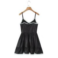 Estilo retro francés verano Spice Girl vacaciones princesa viento malla empalme jacquard liguero vestido cintura delgada falda negra. - details 4