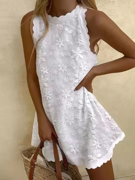 Vestido de princesa blanco sin mangas para mujer, camiseta holgada de moda con cuello redondo, informal y a la moda, verano - 1