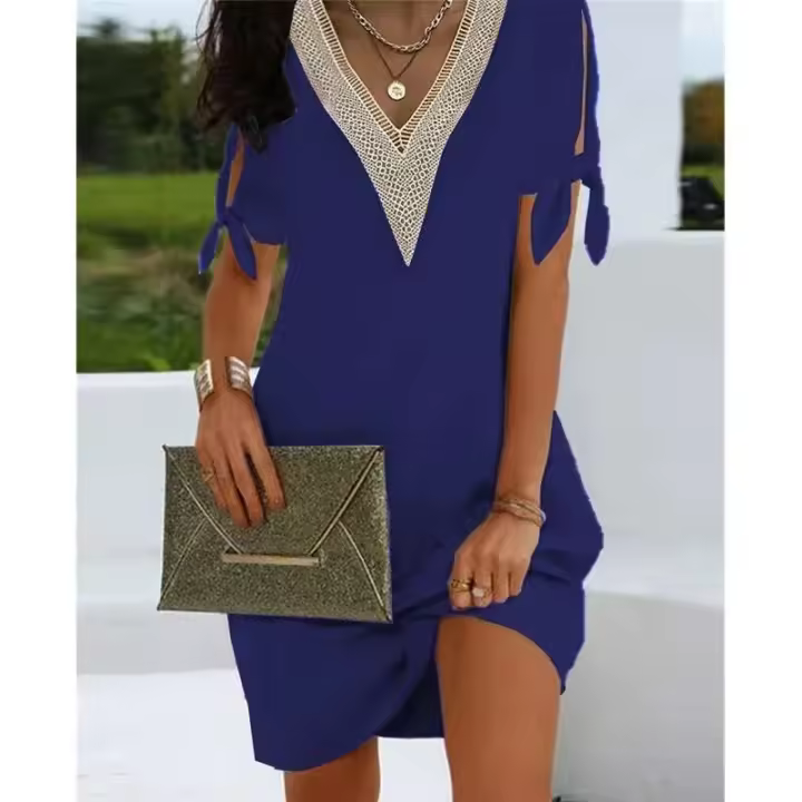 Vestido Mini de Fiesta Informal Color Sólido, Cuello en V, Moda Hecha a Mano, Lazo Rompe, Ropa de Calle de Fiesta - 1
