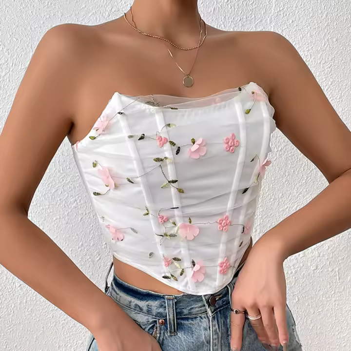 Corsé Floral para mujer, Tops cortos sin mangas para fiesta, corpiño deshuesado, camiseta sin mangas, chaleco blanco Delgado, camisola de verano - 1