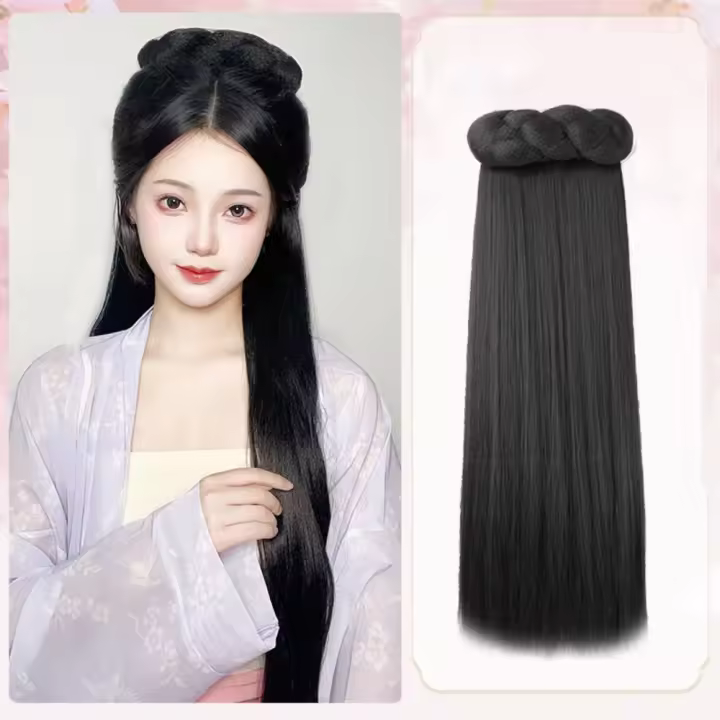 Accesorio de baile pelucas sintéticas chinas antiguas tocado de peluca mujeres antiguas Hanfu pelucas negro fotografía Hanfu peluca diadema - 1