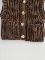 TRAFZA-suéter sin mangas con cuello redondo para mujer, cárdigans holgados e informales de una sola botonadura, color liso, a la moda, otoño, 2024 - details 6