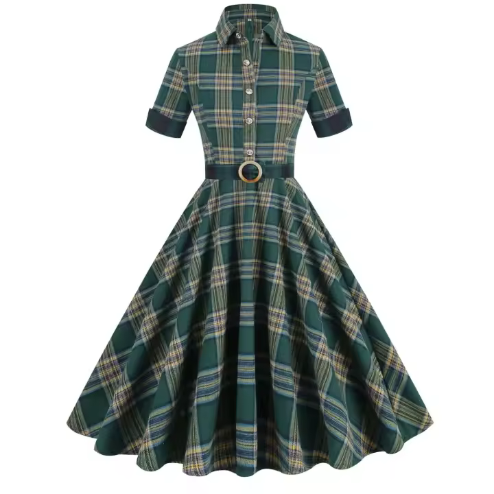 Vestido de Fiesta Casual de Verano 2025 Estampado de Rejilla Vintage para Mujeres - 1