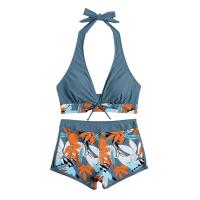 Bikini abierto con estampado de hojas retro en talla grande, conjunto de traje de baño de dos piezas con correas estables para mujer - details 105