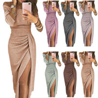BUNO-Vestido de moda informal para mujer, vestido largo de fiesta de noche ajustado de manga larga con hombros descubiertos para mujer Vestidos de tubo divididos asimétricos - details 2