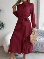 Vestido plisado elegante con cuello levantado y manga larga y cintura cerrada para mujer, vestido largo de Otoño Invierno - details 12
