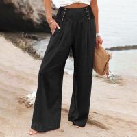 Pantalones largos sueltos de lino y algodón de pierna ancha para mujer con cintura elástica informal de primavera y verano - details 7
