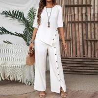 Conjunto de dos piezas de pantalón con dobladillo irregular y camisa holgada de media manga con botones, estilo casual y elegante para mujer - details 1