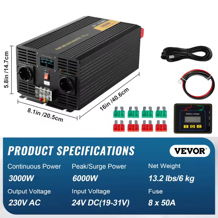 SucceBuy Inversor de onda sinusoidal pura de 3000 W, USB, LCD, control remoto, enchufes de la UE, para RV, camión, coche, viaje solar, camping - 1