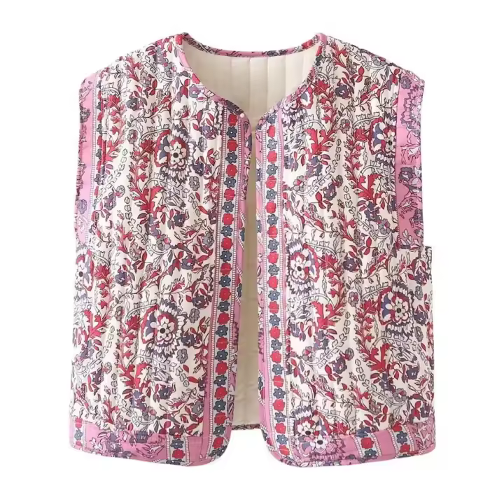 Chaleco corto acolchado con estampado para mujer, cuello redondo, estilo Echo Retro francés, versátil, nuevo, verano - 1