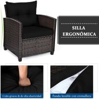 Conjunto de jardín exterior de ratán de 3 piezas, 1 mesa auxiliar de vidrio templado y 2 sillas con cojines, muebles de jardín terraza balcón exterior (negro) - details 3