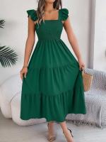 Escote cuadrado de verano con mangas anchas y pliegues, vestido informal de algodón transpirable para playa o uso diario, estilo bohemio - details 17