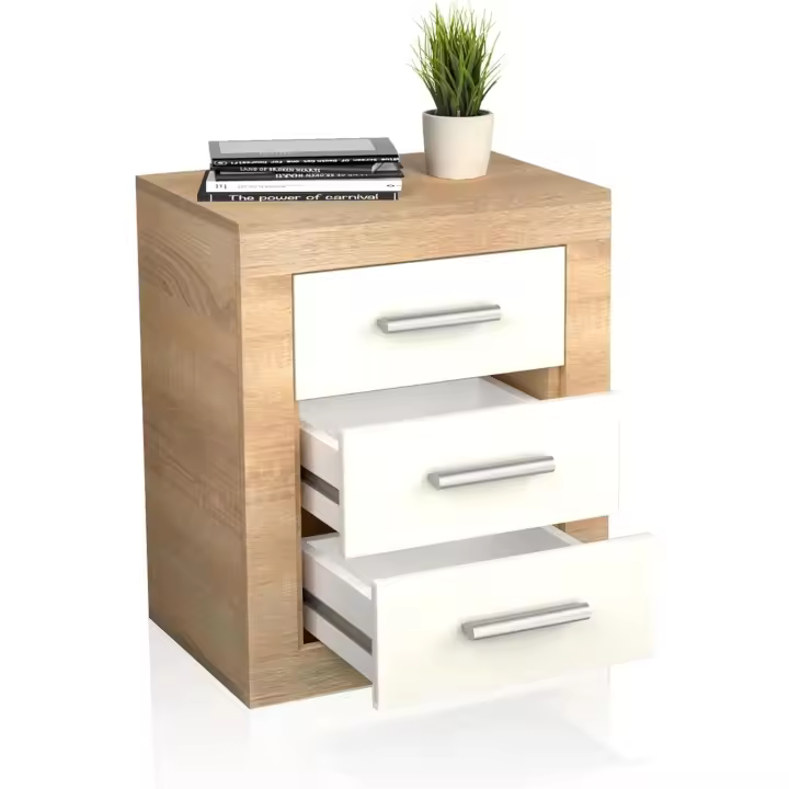 Mesita de Noche, Mesilla de Dormitorio, Modelo Kira, Acabado en Color Cambria y Blanco, Medidas: 50 cm (Largo) x 34,6 cm (Fondo) x 60 cm (Alto) - 1