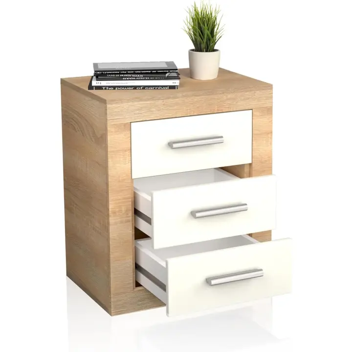 Mesita de Noche, Mesilla de Dormitorio, Modelo Kira, Acabado en Color Cambria y Blanco, Medidas: 50 cm (Largo) x 34,6 cm (Fondo) x 60 cm (Alto) - 1