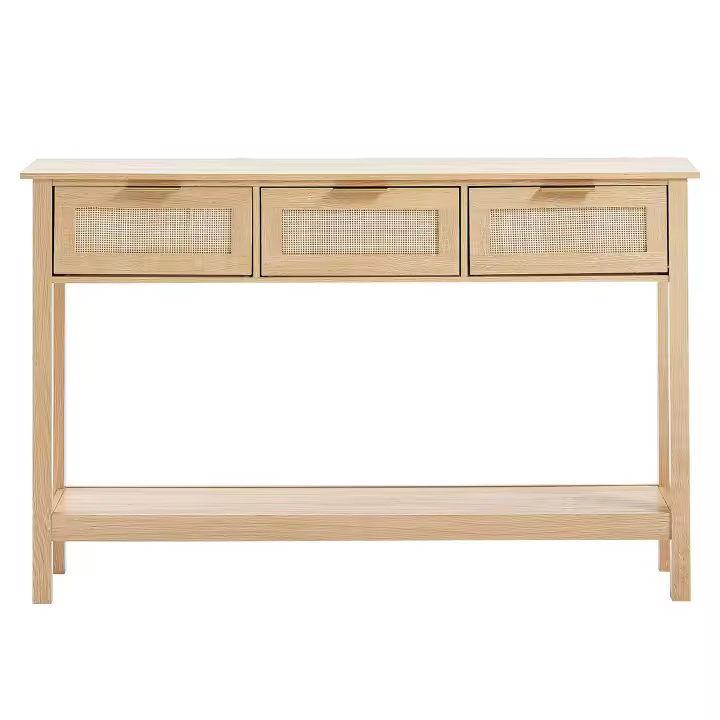 SucceBuy Mesa consola de ratán con 3 cajones de almacenamiento, puerta corrediza de ratán, mesa de sofá de entrada para sala de estar, estudio, pared de TV, material ecológico, construcción robusta, color natural - 1