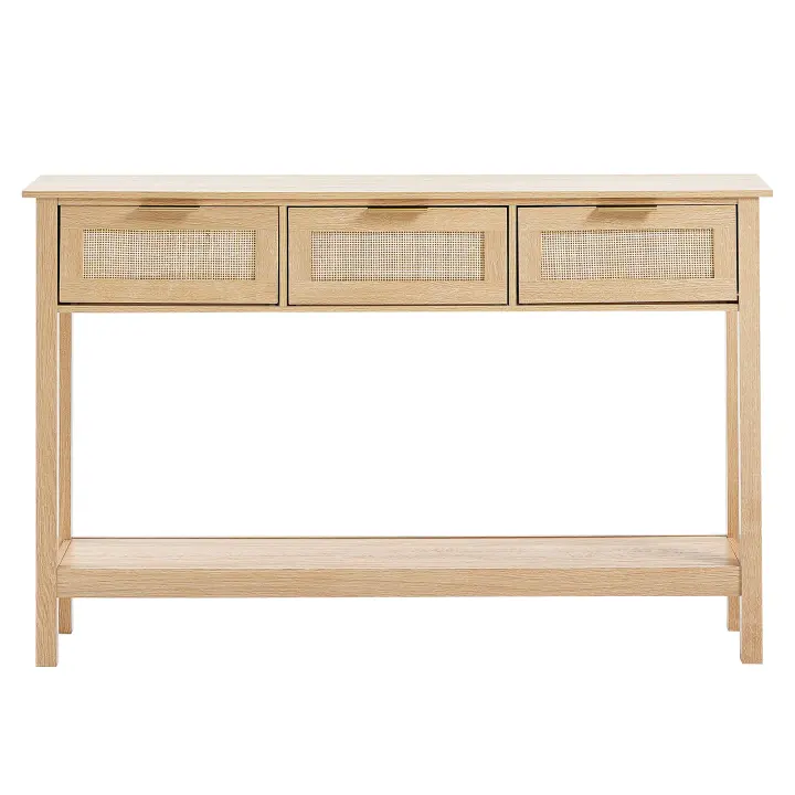 SucceBuy Mesa consola de ratán con 3 cajones de almacenamiento, puerta corrediza de ratán, mesa de sofá de entrada para sala de estar, estudio, pared de TV, material ecológico, construcción robusta, color natural - 1