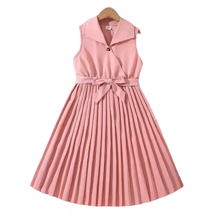 Vestido de Princesa para Niña en Verano Cinturón Encaje sin Mangas en Rosa - 1