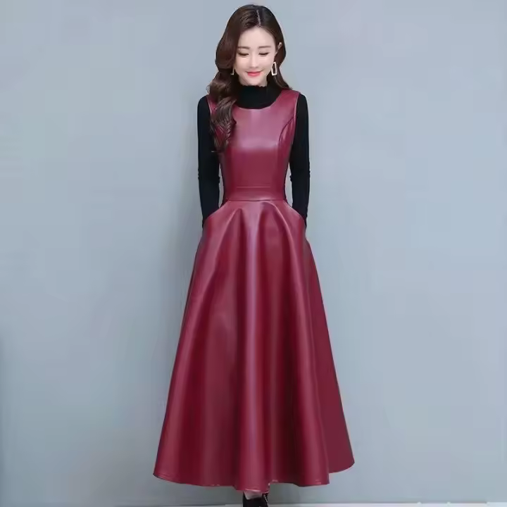 Camiseta sin mangas de cuero PU para mujer con bolsillos moda Otoño e Invierno Oficina A-e vestido largo de fiesta para mujer C235 - 1